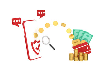 3D. magnifying glass,Transfer Spending and Saving Money Online mobile Phone.