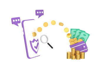3D. magnifying glass,Transfer Spending and Saving Money Online mobile Phone.