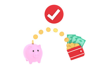 3D. Coins and banknotes and piggy banks. saving concept and spending money