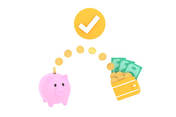 3D. Coins and banknotes and piggy banks. saving concept and spending money