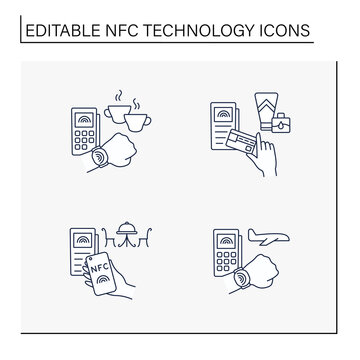 NFC Technology Line Icons Set.Payments For Coffee, Tickets, Cosmetology Procedures And Restaurant Service.Contactless Payment Concept. Isolated Vector Illustrations. Editable Stroke