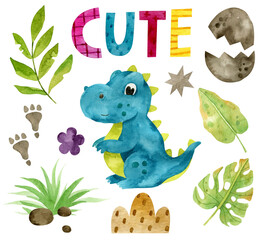  Watercolor set - blue cartoon dinosaur with elements - eggshell, green leaves, paw prints. Watercolor illustration.
