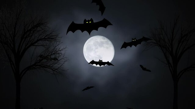 Animated view of bats flying against moon and bare trees. Graphic design of spooky scene. Concept is of frightening Halloween. High quality FullHD footage