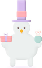 Cartoon Christmas Snowman with Christmas Presents 3D Icon Graphic Illustration on Transparent Background