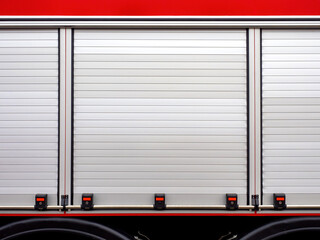 Aluminum roller shutter for fire truck. White aluminum doors. Fragment rescue service car. Hatch on...