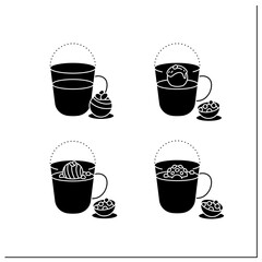 Coco bombs glyph icons set. Delicious dessert. Cute ball of chocolate with marshmallows filling. Chocolate sweets.Filled flat signs. Isolated silhouette vector illustrations