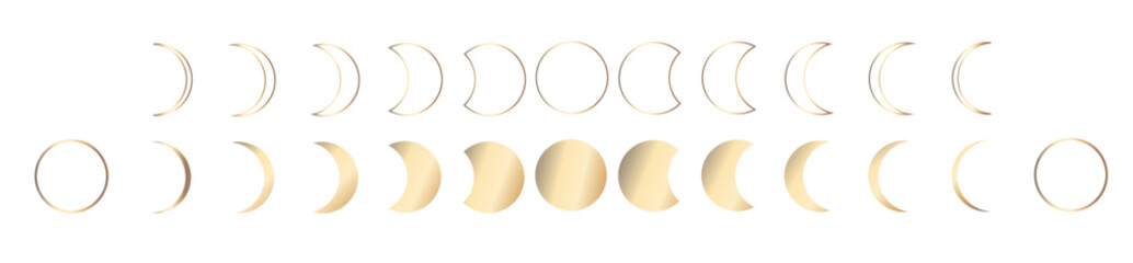 Moon phase. Lunar cycle gold icons set. Stages of the full moon, the crescent of the planet. Moon calendar. Vector illustration
