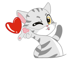 The lovely and seductive American Shorthair Cat sent red heart into the air acts like and good emotions. Doodle with a cartoon.