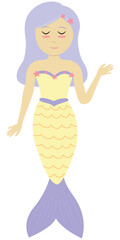 cute little mermaid with lilac hair, baby vector illustration, cartoon, flat style