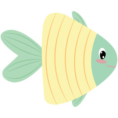 cute triangular yellow green fish, kids vector illustration, cartoon flat style