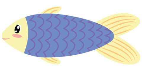 cute oval elongated yellow blue fish, kids vector illustration, cartoon flat style