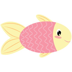 cute oval round yellow pink fish, kids vector illustration, cartoon flat style