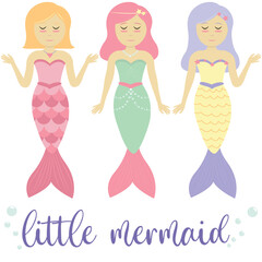 cute little mermaid girls with colored tails and hair - pink, yellow, lilac, green, set of baby vector elements, cartoon flat style