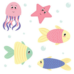 multicolored sea fish, starfish and octopus, set of children vector elements, cartoon flat style