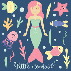 little mermaids and marine inhabitants, fish, octopus, starfish, seaweed - pink, yellow, lilac, green, set of children vector elements, cartoon, flat style on a blue background