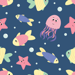 cute colored fish, starfish and octopus swim in the water, sea, childish vector seamless pattern on blue sea background, cartoon, flat style
