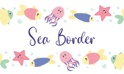 Fototapeta na wymiar cute colored fishes, starfish and octopus swim, childish vector seamless pattern without background, horizontal border, cartoon, flat style