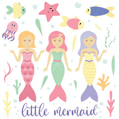 little mermaids and marine inhabitants, fish, octopus, starfish, seaweed - pink, yellow, lilac, green, set of children vector elements, cartoon, flat style