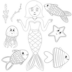 cute little mermaid, fishes, starfish and octopus, children vector coloring book, no color drawing, black outline