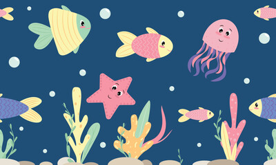 cute colored fish, starfish and octopus swim in the water, sea, childish vector seamless pattern on blue sea background, horizontal border, cartoon, flat style
