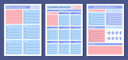 Cartoon Color Checklist Planners Schedule Template Layout Concept Set. Vector illustration of Cleaning and Self Care List