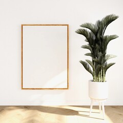 Mockup of a blank vertical frame next to an ornamental plant. 3d illustration, interior design, 3d rendering