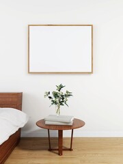Bedroom with blank horizontal frame mockup, ornamental plant on table and wooden bed with white sheets. 3d illustration, interior design, 3d rendering