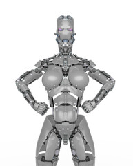 cyborg girl is doing a super pose on white background