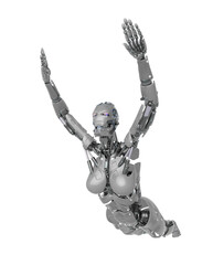 cyborg girl is flying up on white background