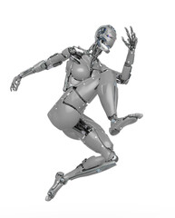 cyborg girl is jumping in action on white background