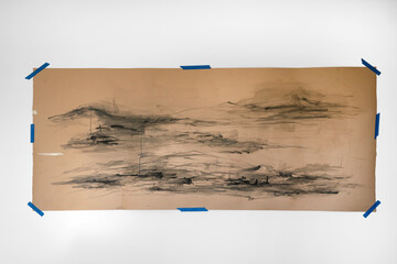 Abstract art. Panorama view of a modern expressive painting with strong black lines and stains,...