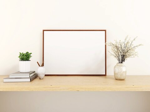 Blank horizontal frame mockup, ornaments, plants and books on a table. 3d illustration, interior design, 3d rendering