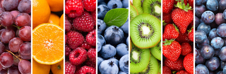 Fruits. Background of mixed fruits and berries. Fresh food collage
