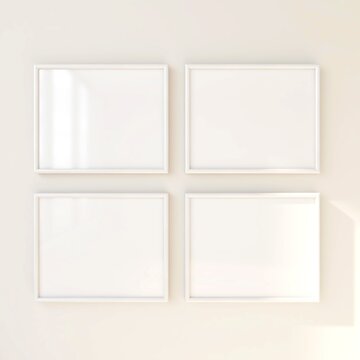 Mockup of four blank horizontal frames on beige wall. 3d illustration, interior design, 3d rendering