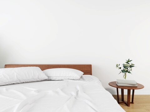 Wall mockup in a bedroom with a wooden bed with white sheets and an ornamental plant on a table. 3d rendering, interior design, 3d illustration