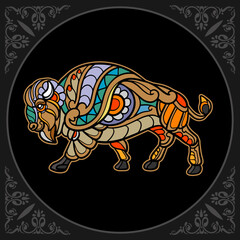 Colorful bison zentangle arts isolated on black background
