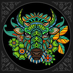 Colorful bison zentangle arts isolated on black background