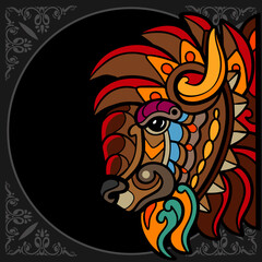 Colorful bison zentangle arts isolated on black background
