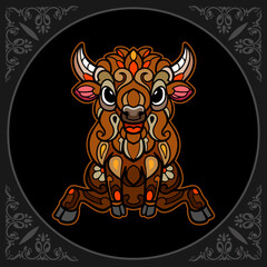 Colorful bison zentangle arts isolated on black background