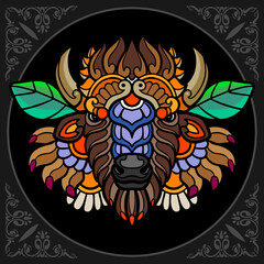 Colorful bison zentangle arts isolated on black background