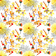 Pattern con bouquet di fiori arancio e gialli isolati su sfondo bianco