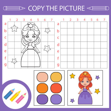 Copy drawing with cute princess. Children education activity page and worksheet with riddle and game. Kids draw art lesson.
