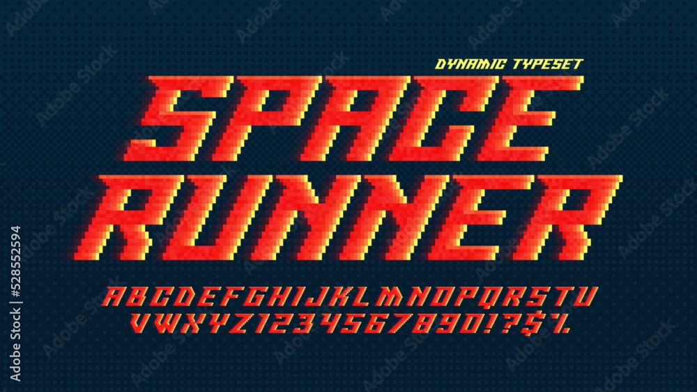 Fototapete dynamic pixel alphabet design, stylized like in 8-bit games. high contrast and sharp, retro-futurist