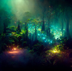 Obraz na płótnie Canvas dark green fairy tale forest with ethereal lights digital art