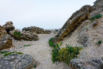 Unique eroded sea rock formations on a gloomy foggy day on the Mediterranean Sea