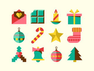 Xmas icon set. Collection of flat vector illustrations with fir tree, Christmas ornament, gift, candy cane, bell, star, holly, candle, chocolate, envelope, sock.