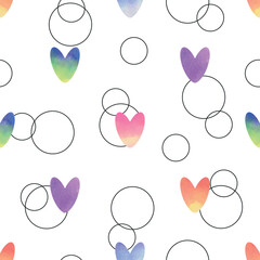 Watercolor colorful hearts and circles with black outline on white background. Seamless pattern. Vector illustration.