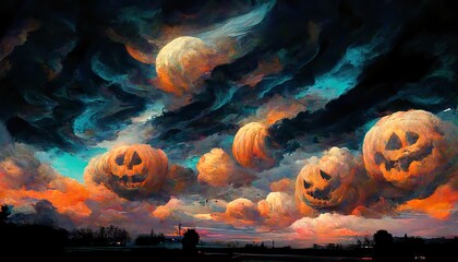 Spooky halloween pumpkin sky concept art illustration