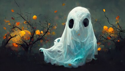 Spooky cute halloween ghost concept art illustration