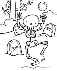 Vector illustration with skeleton on the cemetery. Coloring page with Halloween character.